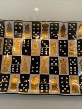 Vintage MCM Cera Cora Gold Smoke Glass Tray Chess Pieces Dominoes Pattern Signed